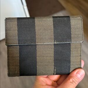 Fendi Wallet in Black and dark beige stripped canvas & leather wallet